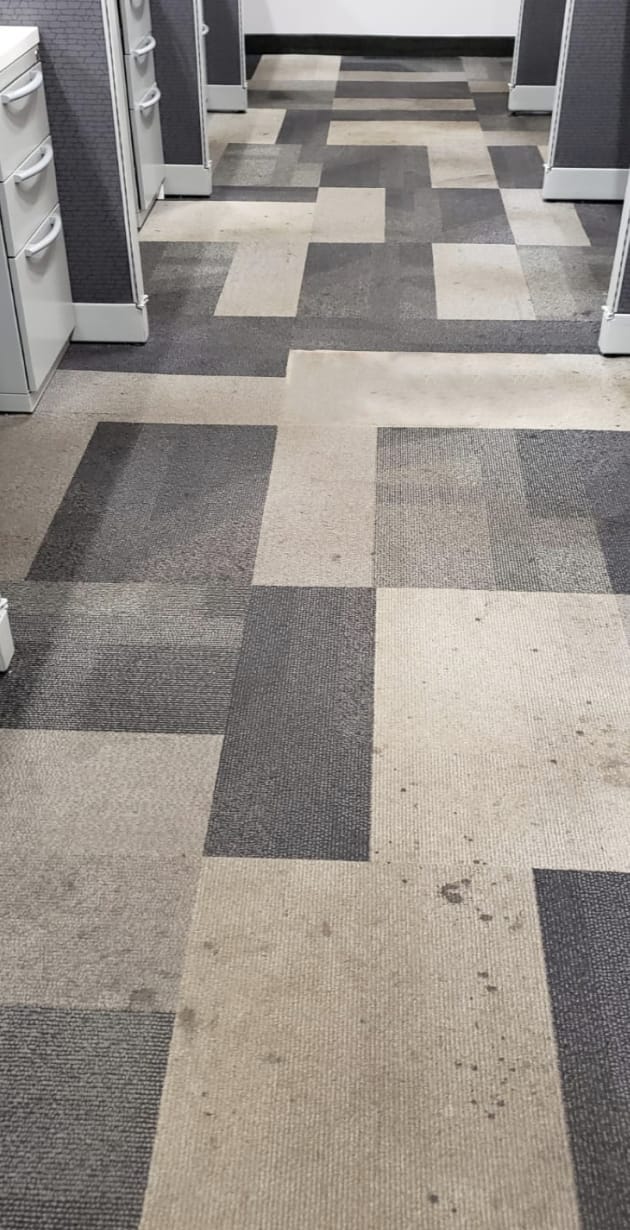 Office carpet tiles before cleaning, heavily soiled in the traffic lane