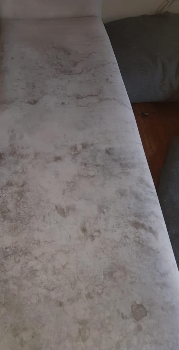 A fabric chaise before cleaning, greyed with body soil