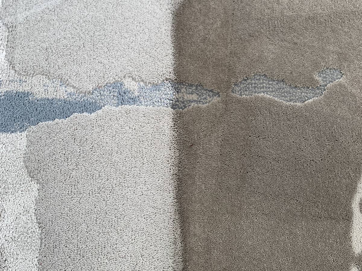 A rug photographed mid-wash, the cleaned left side several shades paler than the untouched right side, divided by a hard vertical line